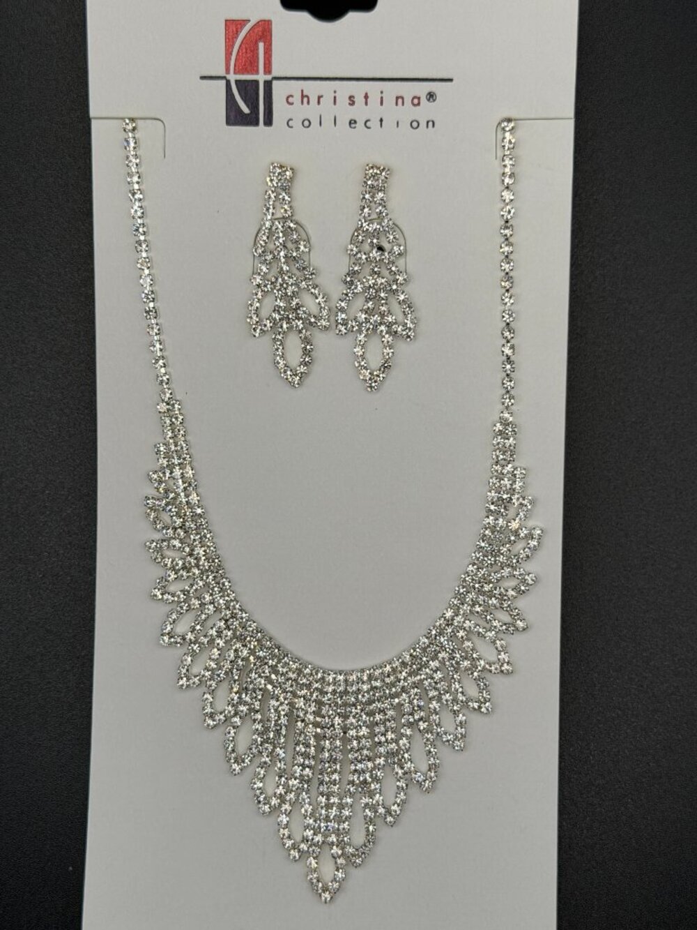 Christina Collection Silver Tone Rhinestone Statement Necklace & Earrings Bridal